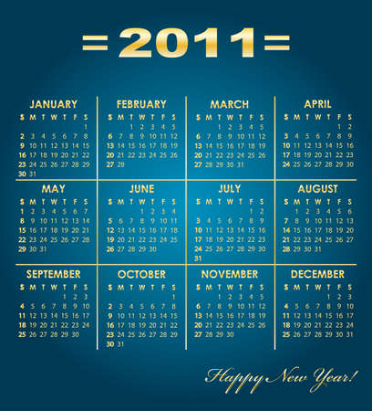 Calendar grid of 2011 year on blue background with golden font. English variant.  illustration.のイラスト素材