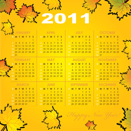 Calendar grid of 2011 year on autumn-leaf abstract background. English variant.   illustration.のイラスト素材