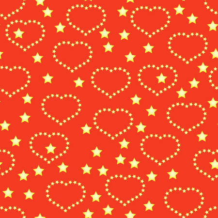 Valentine's day red abstract background with golden hearts and stars. Seamless pattern. Vector illustration.のイラスト素材