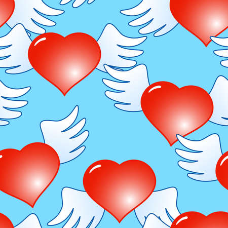 Valentine's day blue abstract background of red hearts with wings. Seamless pattern. Vector illustration.のイラスト素材