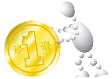 Man with golden coin. Abstract 3d-human series from balls. Variant of white isolated on white background. A fully editable vector illustration for your design.のイラスト素材