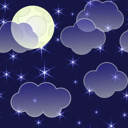 Abstract night sky background with clouds, moon and stars. Seamless pattern. illustration. のイラスト素材