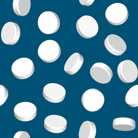 Abstract dark blue background with three dimensional white pills. Seamless pattern for your design. Vector illustration.のイラスト素材