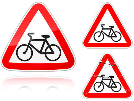 Set of variants a Intersection with the bike road - road sign isolated on white background. Group of as fish-eye, simple and grunge icons for your design. Vector illustration.のイラスト素材