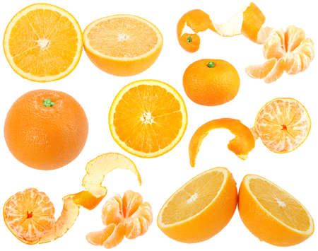 Set of orange and tangerine fresh fruits for your design. Isolated on white background. Close-up. Studio photography.の写真素材