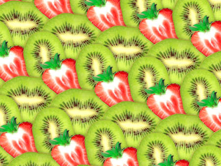 Abstract background of fresh green kiwi and red strawberry slices for your design. Close-up. Studio photography. Attention - it is not a seamless pattern.の写真素材