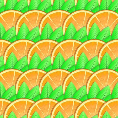 Abstract background with citrus-fruit of orange slices and green leaf for your design. Seamless pattern. Vector illustration.のイラスト素材