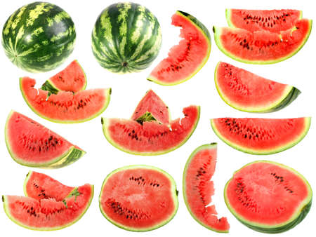 Set of fresh slices and full a ripe watermelons. Close-up. Isolated on white background. Studio photography.の写真素材