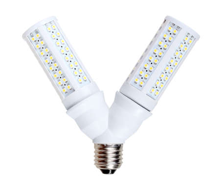 Two energy-saving LED-lamps in V-form splitter. Isolated on white background. Studio photography.