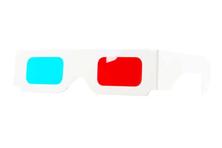 Fish-eye view of red-and-blue disposable glasses for 3D films and images. Isolated on white...