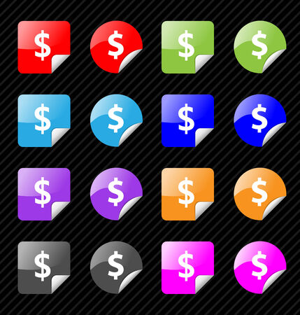 Set of vector sticky badges for dollar currency theme. Easy to edit, any size. Aqua web 2.0のイラスト素材