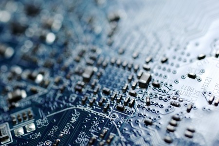 Selective focus on blue PC circuit board.の写真素材