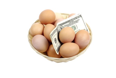 Eggs with dollars in basket isolated on white background. Financial concept. Studio Shot.の写真素材