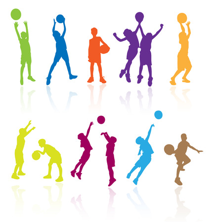 Silhouettes of children jumping and playing basketball with reflections. Easy to edit, any size. Silhouettes of children jumping and playing basketball with reflections. Easy to edit, any size.