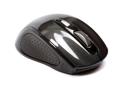 Modern wireless PC mouse close-up isolated on white background.