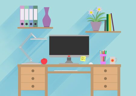 Designer working place or studying illustration. Banner illustration. Flat design illustration concepts for working place at office, working place at home, workspace, workplace, studying placeのイラスト素材
