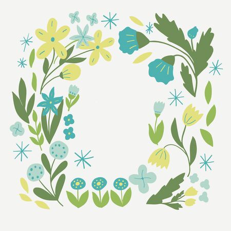 Delicate frame of blue and yellow flowers on a white background in vector graphics. For the design of cards, invitations, congratulations, wrapping paper, prints on clothes, bedding, dishesのイラスト素材