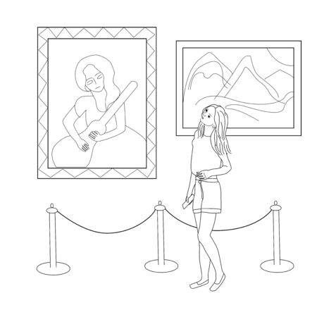 Vector illustrationin a linear style on a white background - girl in the museum, in the art gallery. For design covers notebooks, tableclothsのイラスト素材
