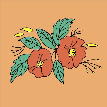 Image of large red flowers on an orange background in vector graphics. For the design of wallpaper, cards, posters, covers, packagingのイラスト素材