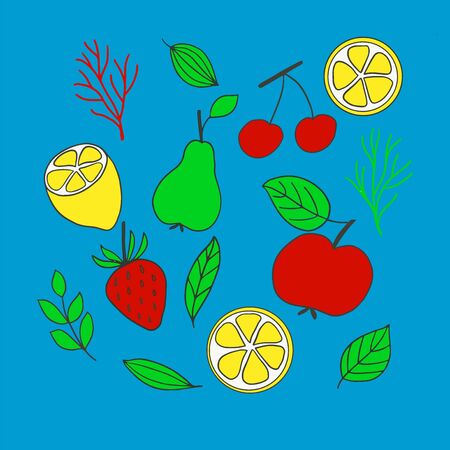 Set of bright fruits, berries and leaves on a blue background in vector graphics. For the design of wallpaper, wrapping paper, prints on textiles, mugs, clothesのイラスト素材