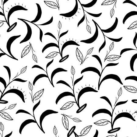 Seamless pattern of tea leaves black and white.のイラスト素材
