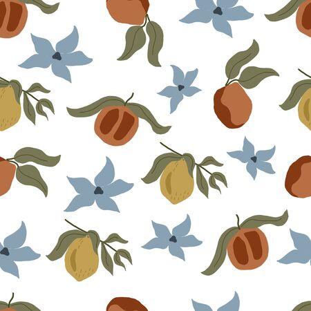 Seamless vector pattern with lemons, peaches and flowers on a white background. For the design of wallpaper, wrapping, textile, prints for clothesのイラスト素材