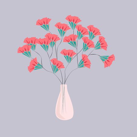Delicate pink flowers in a glass vase on a gray background. Vector illustration. For design of postcards, covers, prints of clothing, wrapping paper, textiles, paintingsのイラスト素材