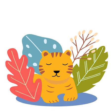 The image of a cute cartoon tiger cub on a background of blue, red, green leaves. Vector graphics for the design of postcards, prints on pillows, covers, packages, wrapping paperのイラスト素材