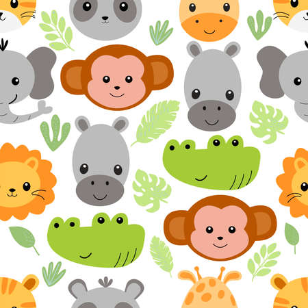 Seamless pattern with cute animal faces on a white background, in vector graphics. For decoration, prints for childrens clothing, notebook covers, textiles, wrapping paperのイラスト素材