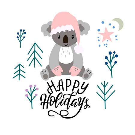 Vector image of a cute little koala bear with elements of fir twigs, stars, lettering - happy holidays - on a white background. For the design of posters, postcards, prints for t-shirs, coversのイラスト素材