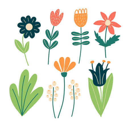 Set of laconic flowers in scandinavian style, in vector graphics. For the design of postcards, posters, prints on clothes, pillows, dishes, notebook covers, packagingのイラスト素材