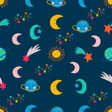 Seamless pattern on a blue background, in vector graphics - space elements in cartoon cute style. For decorating textiles, covers, prints for wrapping paper, clothing, packagingのイラスト素材