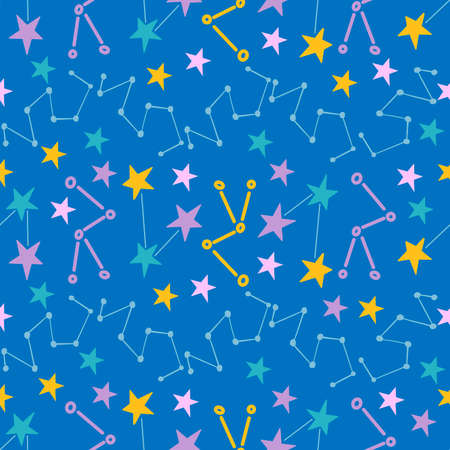 Seamless pattern with cute space stars on blue background in vector graphic. For decorating the...
