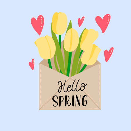 Lettering composition - envelope, tulip bouquet and inscription hello spring - in vector graphics, on a blue background. For the design of posters, prints on t-shirts, covers, bagsのイラスト素材