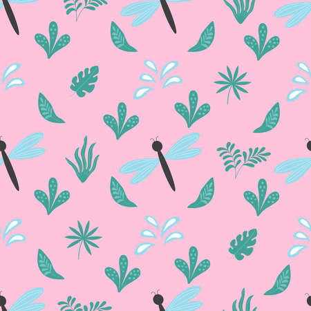 Seamless pattern with a leaves, dragonfly in vector graphics, on a pink background. For covers notebook, wrapping paper, childrens clothing, t-shirts, scrapbooking, pajamasのイラスト素材