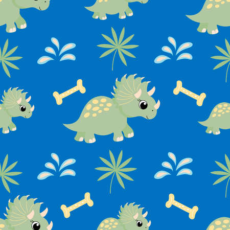 Seamless pattern with a cute little dinosaur in vector graphics, on a blue background. For covers notebook, wrapping paper, childrens clothing, t-shirts, scrapbooking, pajamasのイラスト素材