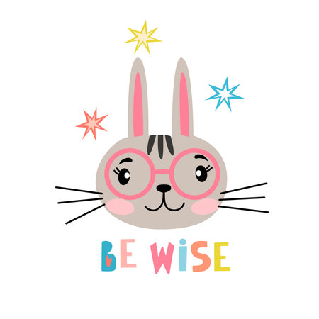 Image of cute cartoon rabbit face with lettering - be wise, in vector graphics, on a white background. For the design of posters, prints for t-shirts, mugs, notebook coversのイラスト素材