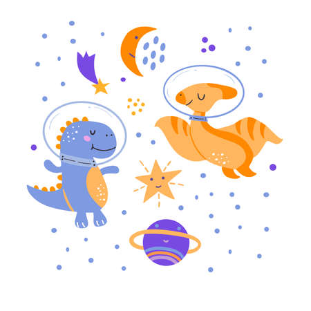 Image of cute cartoon dinosaurs in cosmos, vector graphics, on a white background. For the design of postcards, posters, prints for t-shirts, mugs, notebook covers, posters, postcards, bannersのイラスト素材