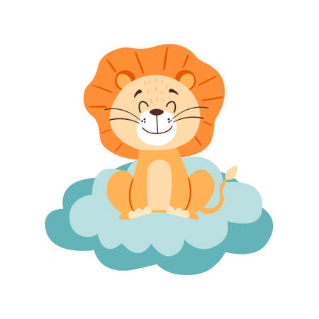 Image with cute cartoon lion on a blue cloud. Vector graphics on a white background. For the design of posters, postcards, notebook covers, childrens illustrations, prints for mugsのイラスト素材