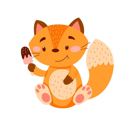 Image with cute cartoon fox with ice cream. Vector graphics on a white background. For the design of posters, postcards, notebook covers, childrens illustrations, prints for mugs, t-shirtsのイラスト素材