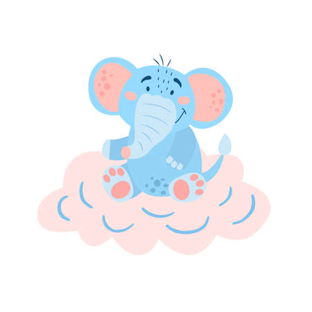 Image with cute cartoon elephant on a pink cloud. Vector graphics on a white background. For the design of posters, postcards, notebook covers, childrens illustrations, prints for mugsのイラスト素材