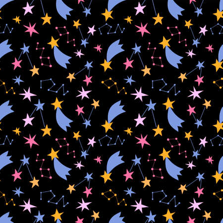 Seamless pattern with cute colorful stars. Black background, vector graphics. For wrapping paper,...