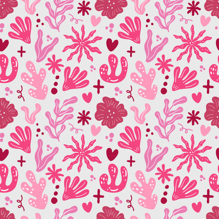 <p>Seamless abstract pattern with hand drawn leaves, flowers. Spring summer blossom background. Perfect for fabric design, wallpaper, apparel. vector illustration.</p>のイラスト素材