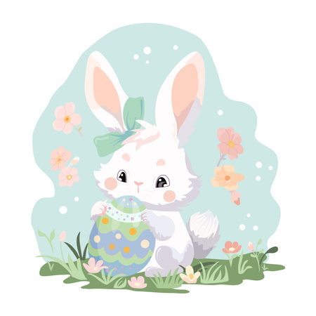 Cute bunny with Easter egg in the grass. Vector illustration.のイラスト素材
