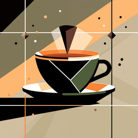 Coffee cup on abstract background. illustration in flat vecor style. interesting geometric shapes are ideal for designing cards, posters, banners, coversの素材