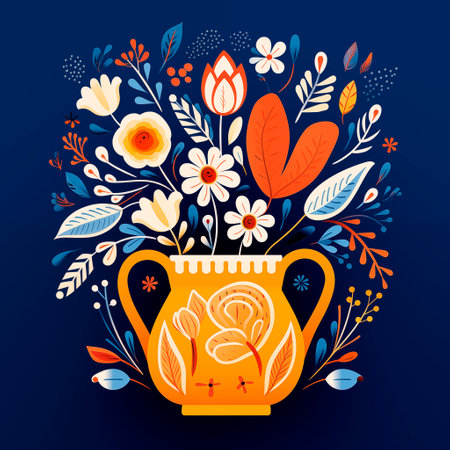 Flowers in a yellow ethnic vase on a dark blue background. The illustration perfect for designing The illustration perfect for designing cards posters congratulations, for prints on pillows mugs t - shirtsの素材
