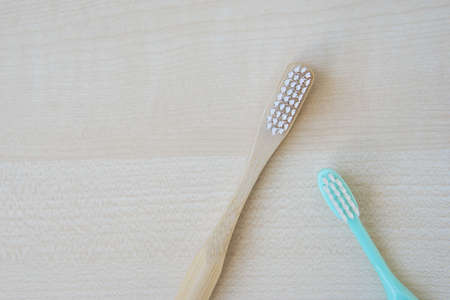 natural bamboo toothbrush versus plastic blue brush