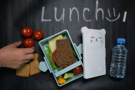 open lunch box with a sandwich of whole grain bread, cheese, green salad, tomato, cucumber and a bottle of water on a black background with colored crayons and lunch inscription written in white chalk.の写真素材
