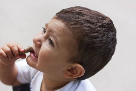 Little curious  boy chewing a wooden stickの写真素材