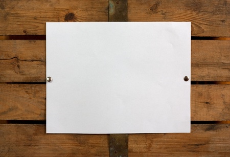  piece of blank paper tacked to wooden background.Ready for your text の写真素材